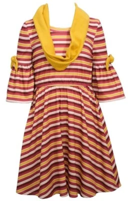 NWT Bonnie Jean Girls Pink Yellow Stripe Dress & Scarf Set Size 16 Bell Sleeve - Image 1 of 2