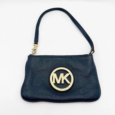 Michael Kors Fulton Clutch Wristlet Small Navy Blue Pebbled Leather Gold Accents - Image 1 of 4