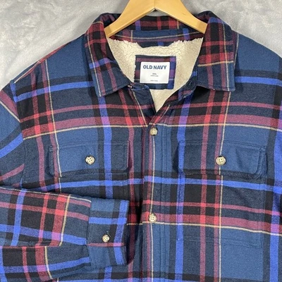Old Navy Men's Plaid Sherpa Lined Flannel Shirt Jacket XXL Blue Red Black - Image 1 of 4
