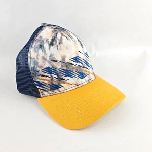 Buff Hat Mens OS Yellow Blue Abstract Trucker Snapback Mesh Cap Outdoor Festival - Picture 1 of 8