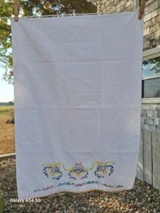 Vintage White Cotton Hand Embroidered Pillowcase Floral Basket Ribbons Scalloped - Picture 1 of 12
