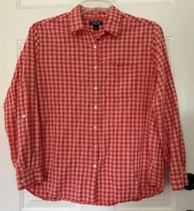 Camicia Lands End grande rosso corallo check rotolo linguetta manica lunga cotone lino bottoni L - Foto 1 di 9