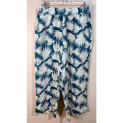 Pantalones Rachel Zoe verde azulado y blanco estampado tropical lino pierna ancha talla grande Foto 1 de 4