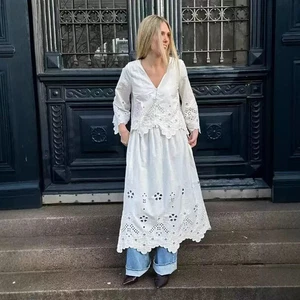Verano Nuevo Francés Retro Calado Flor Bordado Profundo Cuello en V Camisa Top+Falda - Imagen 1 de 24