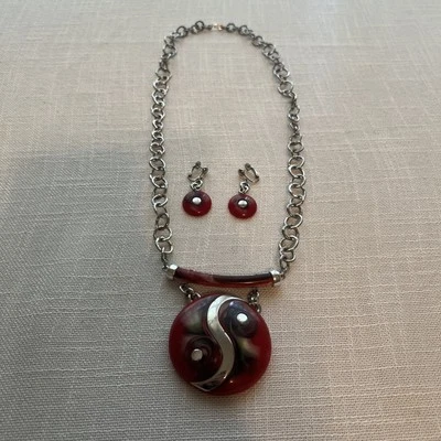 Vintage 1960s Mod Signed Celebrity Red Lucite Swirl Yin Yang Necklace & Earrings - Image 1 of 4