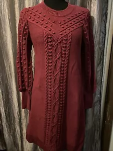 LOFT Women's Wool Puff Sleeve Cable Knit Burgundy Sweater Dress Size S - Picture 1 of 7