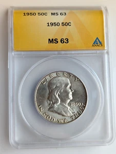 1950 50c Stati Uniti Franklin 90% argento mezzo dollaro MS 63 ANACS - Foto 1 di 4