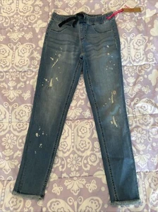 Justice Girls Destroyed Stretch Jeggings in Medium Wash Size 14 NWT Glitter Ties - Picture 1 of 8