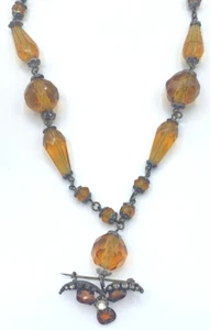 Vtg Czech Amber Faceted Glass Filigree Pendant Necklace 28" Art Deco Flapper - Picture 1 of 12