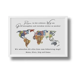 Geldgeschenk Geburtstag personalisiert, Weltkarte zum Geburtstag, Gutschein - Bild 1 von 15