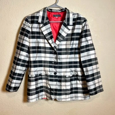 Harris Wallace Silk Blazer Jacket Women Size 12 Black Plaid Long Sleeve Collared - Image 1 of 4