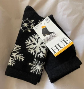 HUE Black White Snowflake & Black Stretch Acrylic Blend Boot Socks O/S 2 Pair - Picture 1 of 5