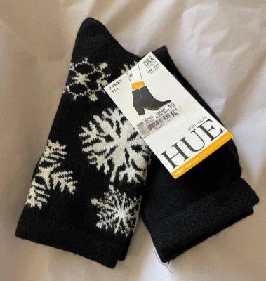 HUE Black White Snowflake & Black Stretch Acrylic Blend Boot Socks  O/S  2 Pair - Image 1 of 4