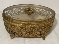 Vtg Gold Gilt Ormolu Filigree Beveled Glass Dresser Box Vanity Jewelry Casket 