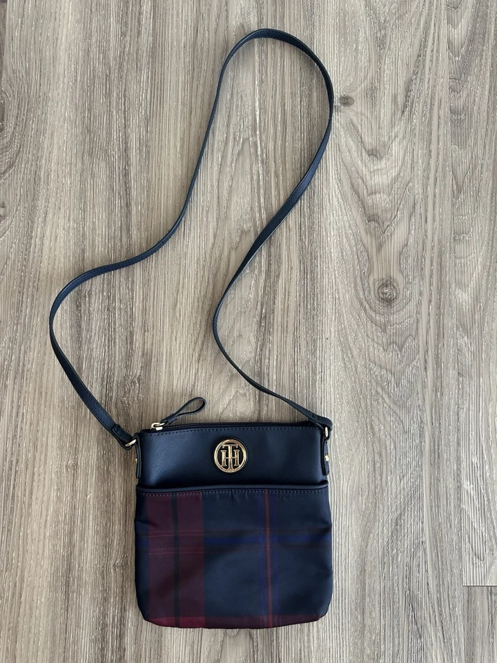 Tommy Hilfiger Navy Blue & Maroon Plaid Crossbody Bag - Image 1 of 4