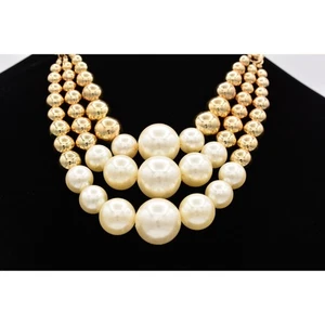 Collana vintage a strati triplo filo finta perla oro perline grosse anni 80 BinP - Foto 1 di 12