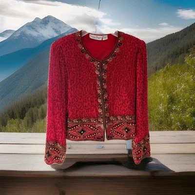 VTG LAURENCE KAZAR Womens Red Hand Beaded 100% SILK Sz L EVENING JACKET - Image 1 of 4