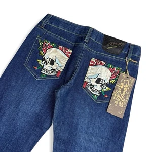 Vintage Y2K Ed Hardy Jeans Women’s 28 Skull Tattoo Biker Deadstock NWT - Picture 1 of 13