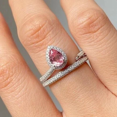 3.2Ct Pear Cut Natural Pink Sapphire &Diamond Solid 14K White Gold Wedding Ring - Image 1 of 4