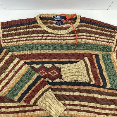 VTG Polo Ralph Lauren Mens HandKnit Linen Silk Southwestern Aztec Sweater L READ - Image 1 of 4