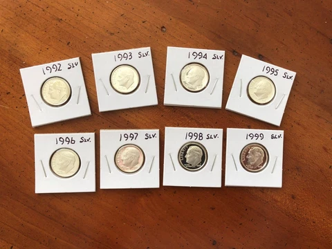 1992-1999 Roosevelt Proof .90% Silver Dime Set - 8 Pieces Cover