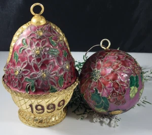 Vintage Christmas Ornament Lot Cloisonné Ball Fruit Basket Flowers Red Gold - Picture 1 of 9
