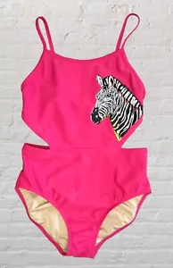 Old Navy Zebra Swimsuit Youth Girls LG 10/12 Pink One Piece Side Cutouts Beach - Picture 1 of 8