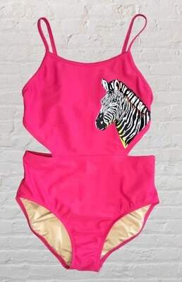 Antiguo Traje de Baño Azul Marino Cebra Jóvenes Niñas LG 10/12 Rosa Una Pieza Recortes Laterales Playa Foto 1 de 4