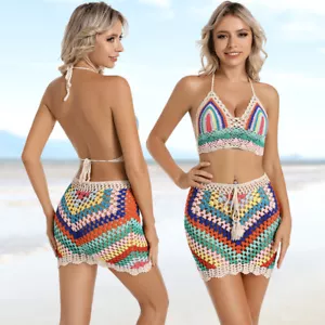 Conjunto de bikini de ganchillo a mano para mujer sujetador tejido de encaje boho falda de playa traje de baño - Imagen 1 de 11
