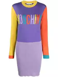 AW22 MOSCHINO Couture Jeremy Scott Logo Orange & Yellow Sleeve Purple Knit Dress - Picture 1 of 10