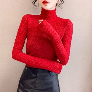 High Neck Lady Lace Shirt Tops T-shirt Plain Long Sleeve Slim Basic Tee Soft - Picture 1 of 20