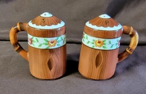 Vintage Orchard Ware Salt Pepper Shakers Woodgrain Design Roses PY Japan - Picture 1 of 12