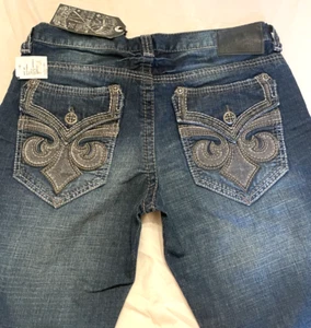 Affliction neu mit Etikett Cooper Knoxville marineblaue Herrenjeans Größe 33 x 34 dunkle Waschung, grauer Besatz - Bild 1 von 3