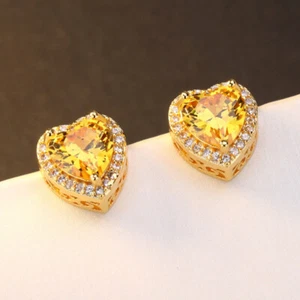 New 8mm Love Heart Shape Yellow Citrine Gems Women Girl Charm Stud Earring Gold - Picture 1 of 6