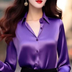 Mujer OL Camisa Brillante Satén Blusa Manga Larga Top Abotonable Negocios Imitación Seda - Imagen 1 de 32