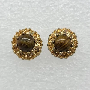 Brown Tigers Eye Cabochon Rhinestone Stud Earrings 0.4" Cute Dainty Classy - Picture 1 of 9