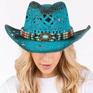  Breathable Cowboy Hat for Summer Beaded Band Wild West Straw Hats Blue - Picture 1 of 5