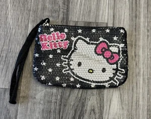 Hello Kitty schwarz & rosa Pailletten Geldbörse Make-up Tasche Beutel Handschlaufe gebraucht, in einwandfreiem Zustand - Bild 1 von 8