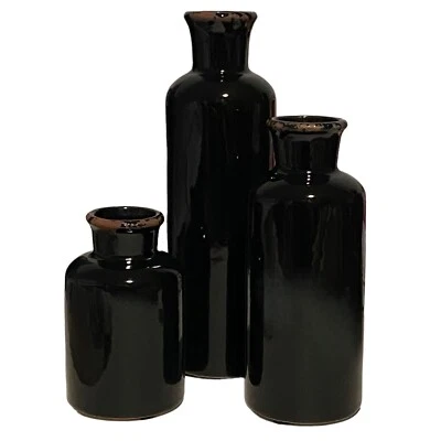 Ceramic Rustic Vases Home Decor Set of 3 Glossy Black - Image 1 of 4