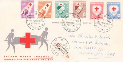 1956 INDONESIA RED CROSS FDC REGISTERED COVER to USA (Combo Scott #B92–B97) - Image 1 of 2