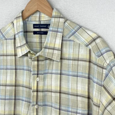 Camisa GRANT THOMAS XL Lino Puro Madrás Cuadros Abotonados Campamento Manga Corta Beige Foto 1 de 4