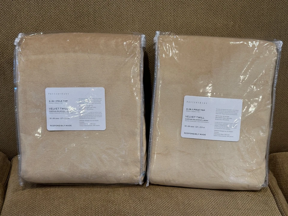 Pottery Barn VELVET TWILL GOLD 50x84" S/2 Curtains BLACKOUT 3 In 1 Pole Top NEW - Image 1 of 4