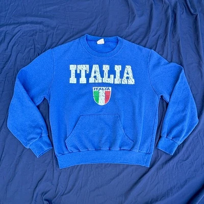 Sudadera Pullover Cuello Redondo Azul Desteñido Fútbol Italia Años 80 90 De Colección Foto 1 de 4