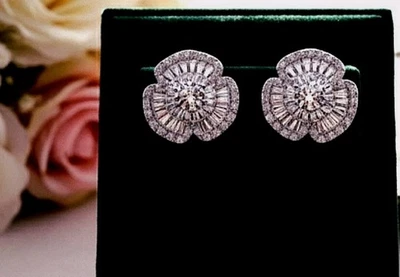 18k Platinum Plated Tri-Clover Stud Earrings Lab-Created Swarovski Stone  - Image 1 of 4