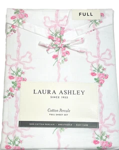 FULL Crisp Cool Cotton Percale Sheet Set Laura Ashley Pink Floral Ribbon Stripe - Picture 1 of 3