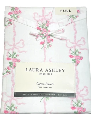 FULL Crisp Cool Cotton Percale Sheet Set Laura Ashley Pink Floral Ribbon Stripe - Image 1 of 3