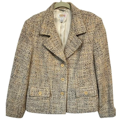 Talbots Petites Womens Blazer Tweed Jacket Size 14 Beige Brown Career Office - Image 1 of 4