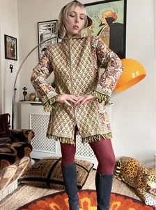 70s Vintage Hooded Fringed Tapestry Jacket Dress Brown Green Hippy Psych Mod - Picture 1 of 11