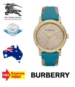 NEW BURBERRY 'THE CITY ' BU9018 GOLD/CHAMPAGNE/BLUE LEATHER UNISEX WATCH - Picture 1 of 6