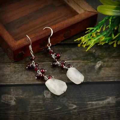 Ювелирные изделия висячие серьги лунный камень ручной работы из стерлингового серебра 925 пробы с красными бусинами - Изображение 1 из 4